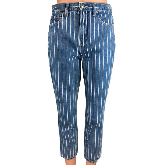 American Eagle Womens Blue Denim Striped High Waist Crop Mom Jeans Pants Size 2 - Picture 1 of 6